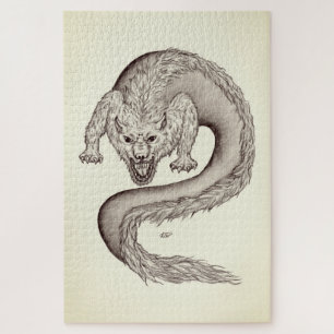 Wolfdragon black and white design jigsaw puzzle