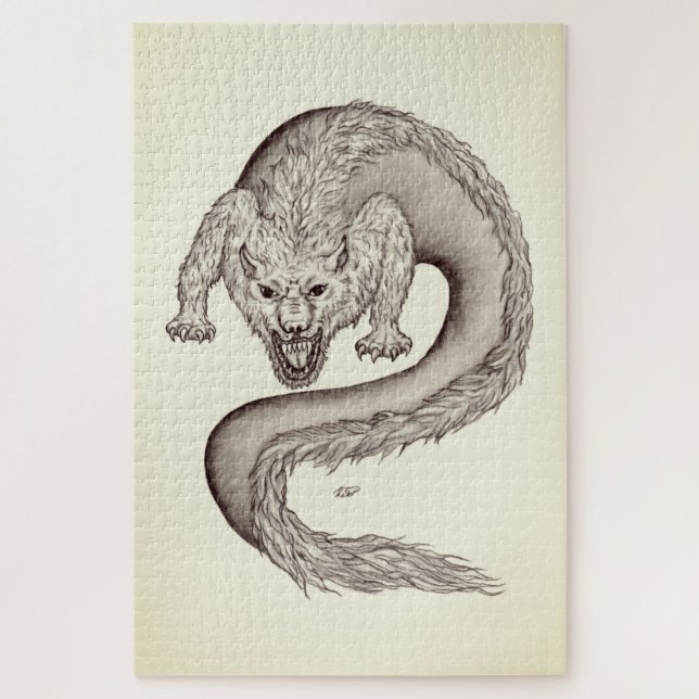 Wolfdragon black and white design jigsaw puzzle (Vertical)
