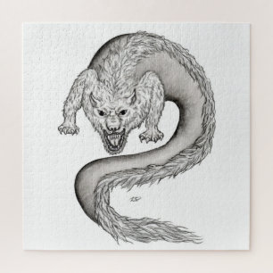 Wolfdragon black and white design jigsaw puzzle