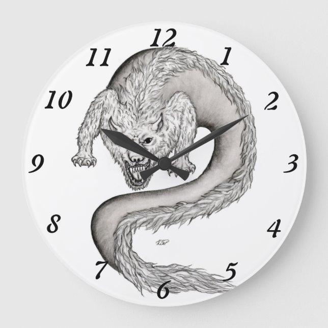 Wolfdragon black and white design large clock (Front)
