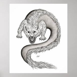 Wolfdragon black and white design poster