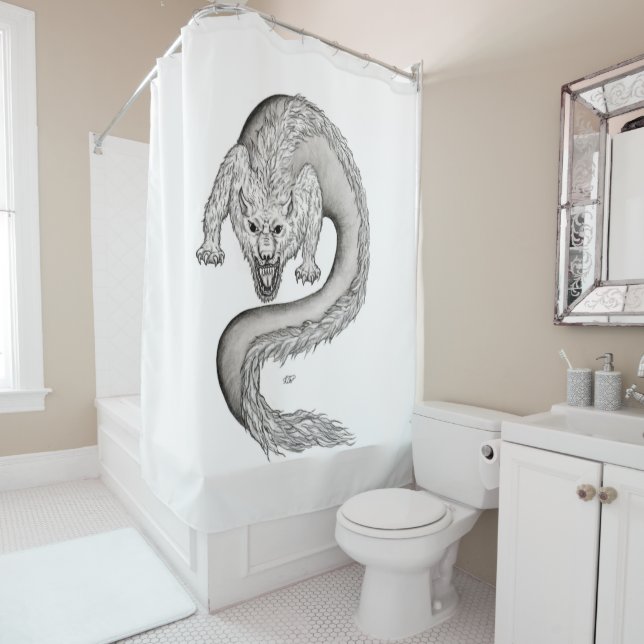 Wolfdragon black and white design shower curtain (In Situ)
