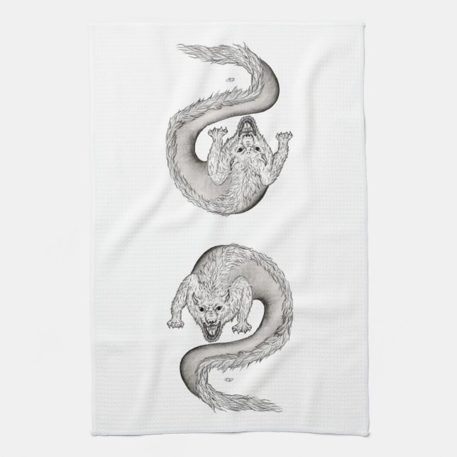 Wolfdragon black and white Design Tea Towel (Vertical)