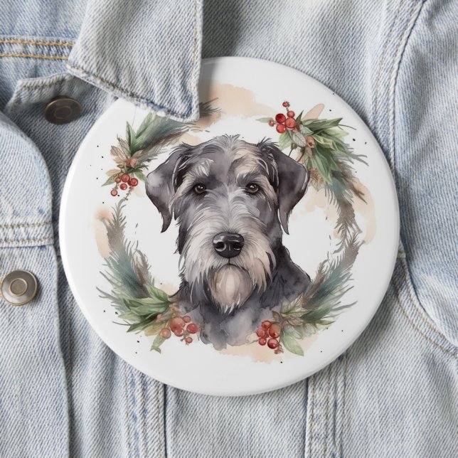 Wolfhound Christmas Wreath Festive Pup  6 Cm Round Badge (In Situ)