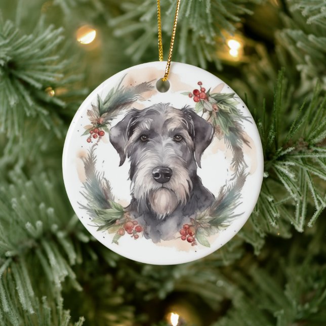 Wolfhound Christmas Wreath Festive Pup  Ceramic Tree Decoration (Tree)