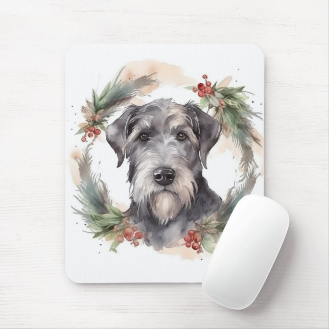 Wolfhound Christmas Wreath Festive Pup  Mouse Mat (With Mouse)