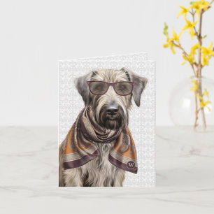 Wolfhound Dog and Grey Damask Monogrammed Card