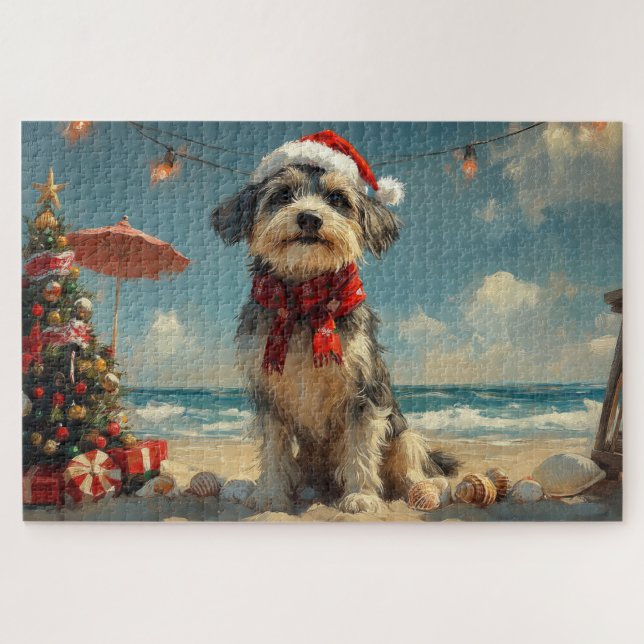 Wolfhound Dog Christmas Vintage Beach Jigsaw Puzzle (Horizontal)