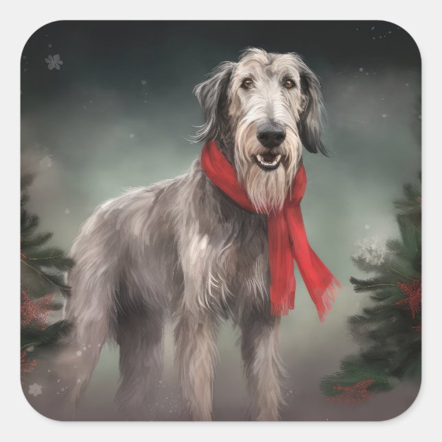 Wolfhound Dog in Snow Christmas Square Sticker (Front)
