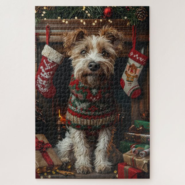 Wolfhound Dog With Christmas Gifts Fireplace Jigsaw Puzzle (Vertical)