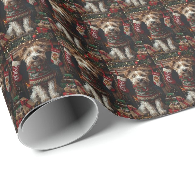 Wolfhound Dog With Christmas Gifts Fireplace Wrapping Paper (Roll Corner)