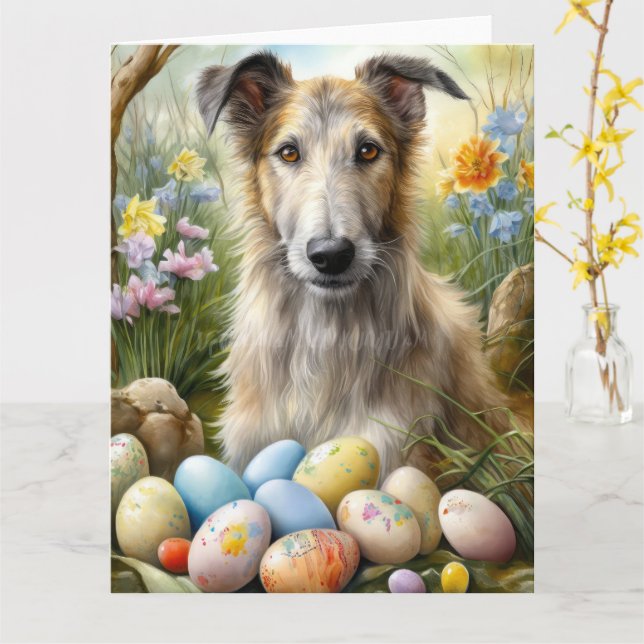Wolfhound Dog With Easter Eggs Holiday  Card (Yellow Flower)
