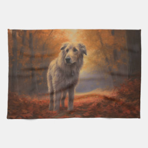Wolfhound in Autumn Leaves Fall Inspire Tea Towel