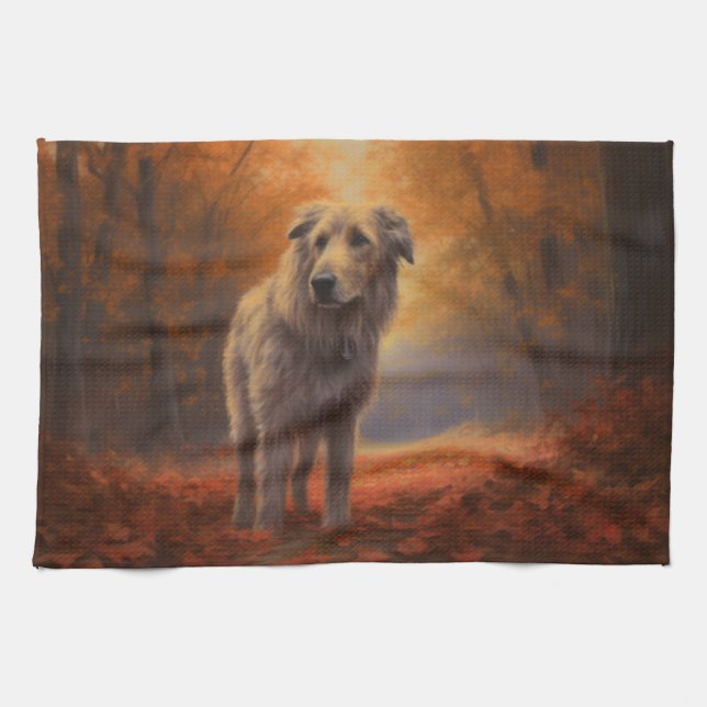 Wolfhound in Autumn Leaves Fall Inspire  Tea Towel (Horizontal)