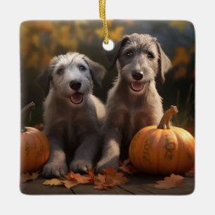 Wolfhound  Puppy Autumn Delight Pumpkin Ceramic Ornament