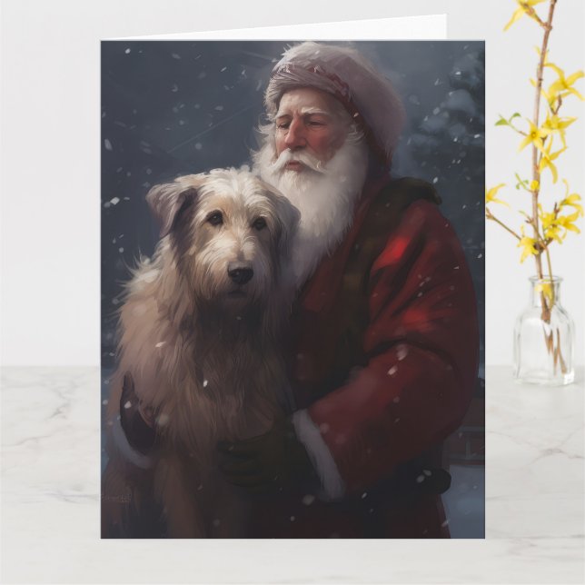 Wolfhound With Santa Claus Festive Christmas Card (Yellow Flower)