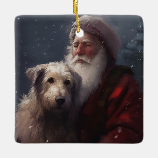 Wolfhound With Santa Claus Festive Christmas Ceramic Ornament (Front)