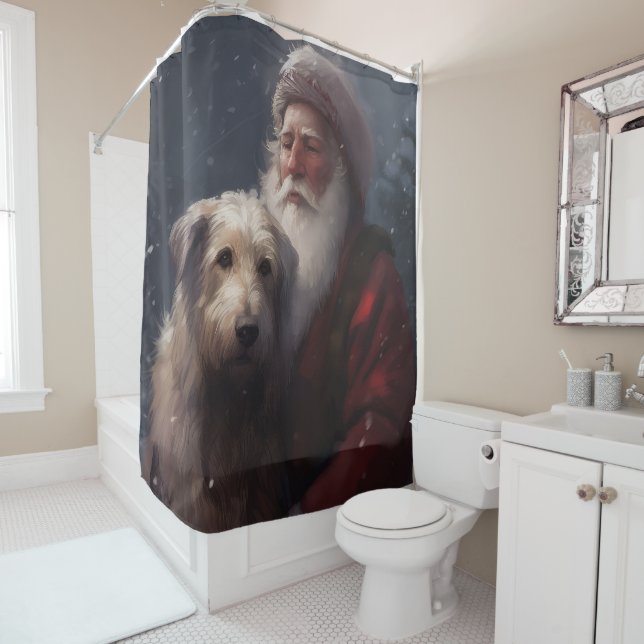 Wolfhound With Santa Claus Festive Christmas Shower Curtain (In Situ)