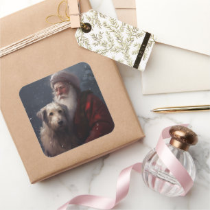 Wolfhound With Santa Claus Festive Christmas Square Sticker