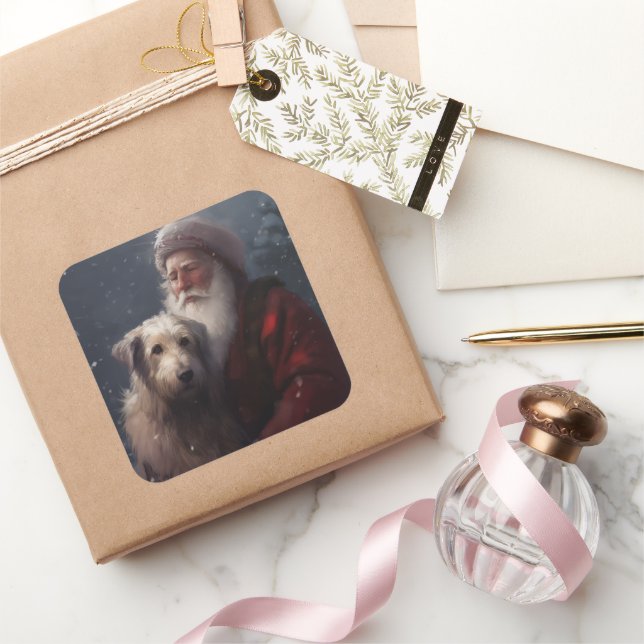 Wolfhound With Santa Claus Festive Christmas Square Sticker (Gifting)