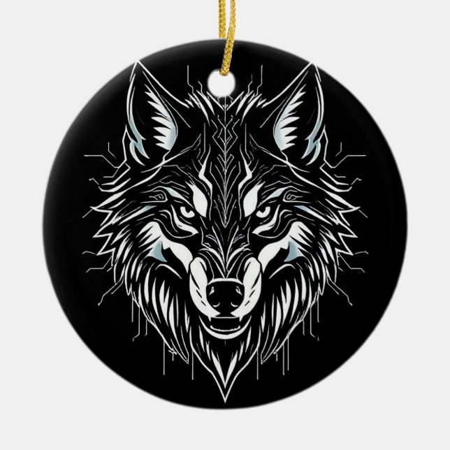 Wolf's head art ceramic tree decoration (Front)