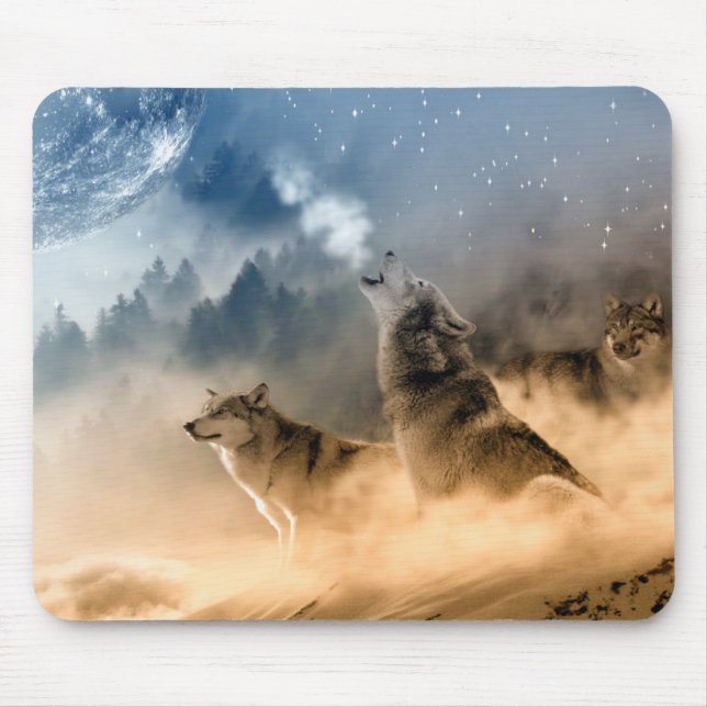 Wolfs Howl on a Cold Foggy Starry Star Fall Night Mouse Mat (Front)