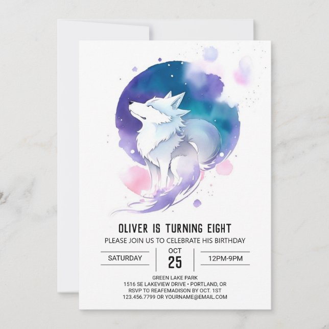 Wolf's Watercolor Dreamland Birthday Invitation (Front)