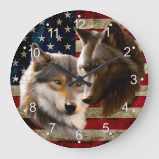 Wolves American Flag Large Clock