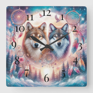 Wolves and Dreamcatchers Square Wall Clock