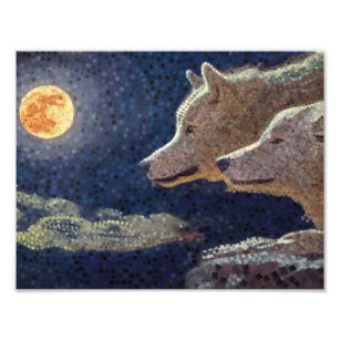 Wolves and moon mosaic art - print