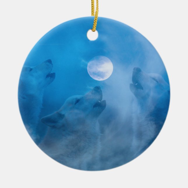 Wolves and Moon Native American Gifts Ceramic Tree Decoration (Front)