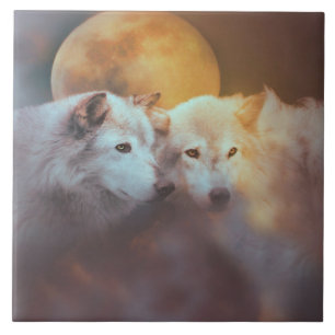 Wolves and Moon Surreal Fine Art Tile