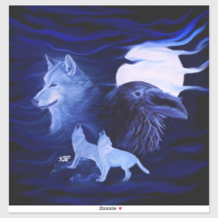 Wolves and Raven with full moon
