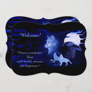 Wolves and Raven with full moon, Add Your Text Invitation