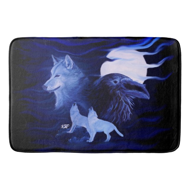 Wolves and Raven with full moon Bath Mat (Front)