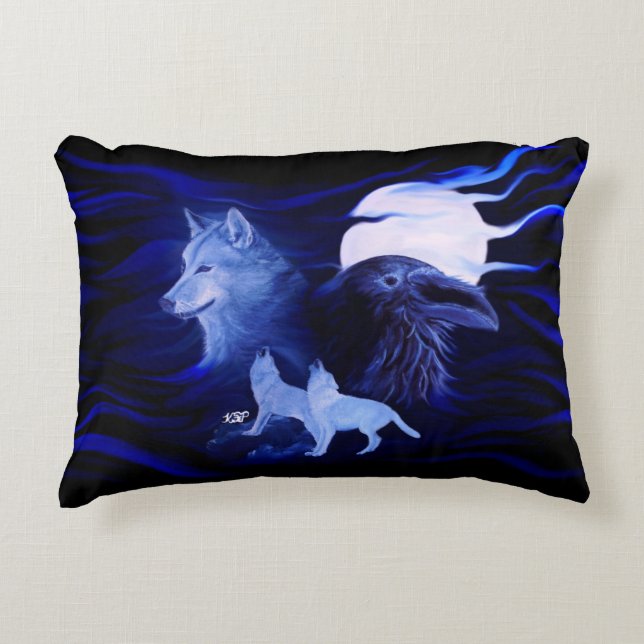 Wolves and Raven with full moon Decorative Cushion (Front)
