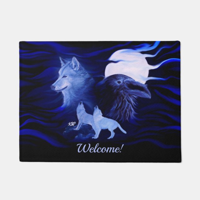 Wolves and Raven with full moon Doormat (Front)