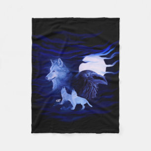 Wolves and Raven with full moon Fleece Blanket