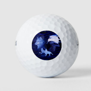 Wolves and Raven with full moon Golf Balls