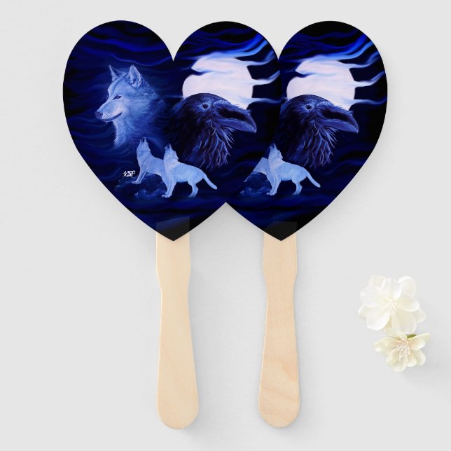 Wolves and Raven with full moon Hand Fan (Front and Back)