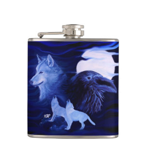 Wolves and Raven with full moon Hip Flask