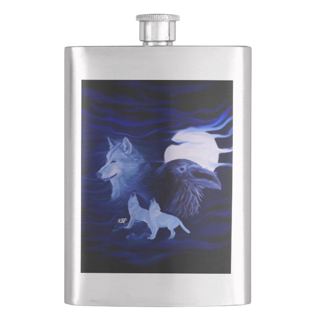 Wolves and Raven with full moon Hip Flask (Front)