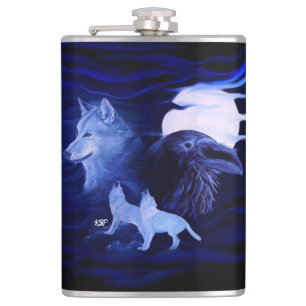 Wolves and Raven with full moon Hip Flask