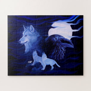 Wolves and Raven with full moon Jigsaw Puzzle