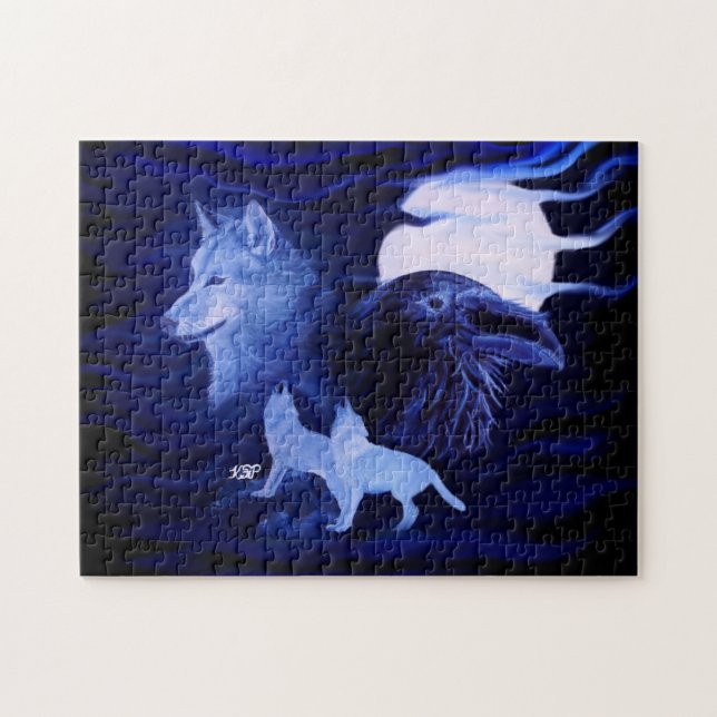 Wolves and Raven with full moon Jigsaw Puzzle (Horizontal)