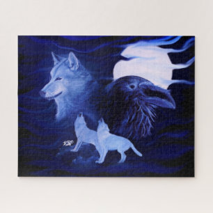 Wolves and Raven with full moon Jigsaw Puzzle