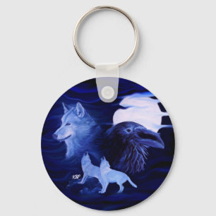 Wolves and Raven with full moon Key Ring