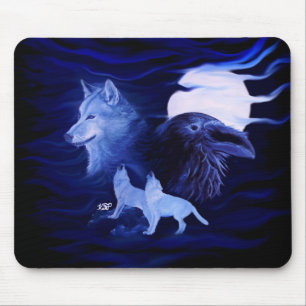 Wolves and Raven with full moon Mouse Mat