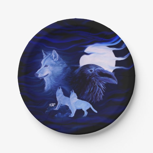Wolves and Raven with full moon Paper Plate (Front)