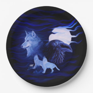 Wolves and Raven with full moon Paper Plate